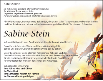 Traueranzeige von Sabine Stein von Torgauer Zeitung