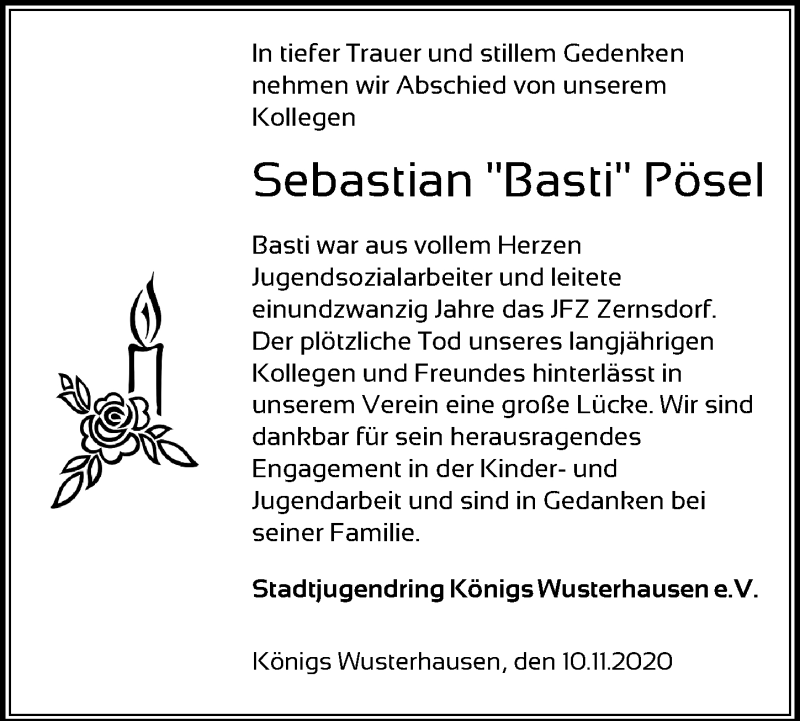  Traueranzeige für Sebastian Pösel vom 12.11.2020 aus Märkischen Allgemeine Zeitung