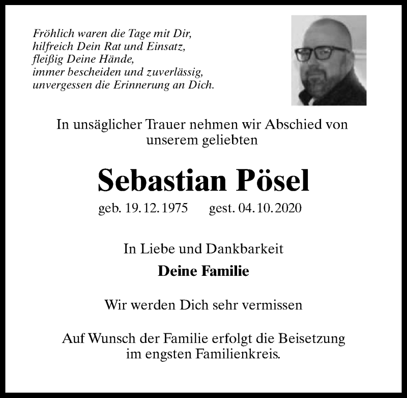  Traueranzeige für Sebastian Pösel vom 04.11.2020 aus Märkischen Allgemeine Zeitung