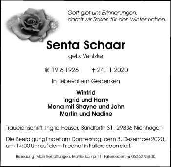 Traueranzeige von Senta Schaar von Aller Zeitung