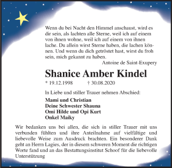 Traueranzeige von Shanice Amber Kindel von Ostsee-Zeitung GmbH