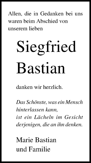 Traueranzeige von Siegfried Bastian von Lübecker Nachrichten