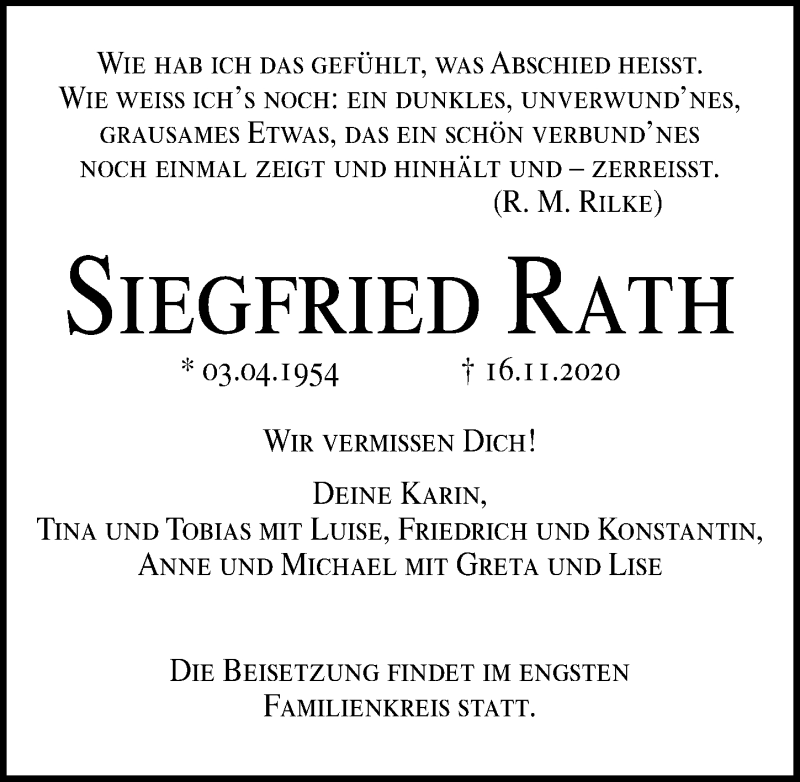  Traueranzeige für Siegfried Rath vom 21.11.2020 aus Ostsee-Zeitung GmbH