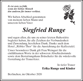 Traueranzeige von Siegfried Runge von Märkischen Allgemeine Zeitung