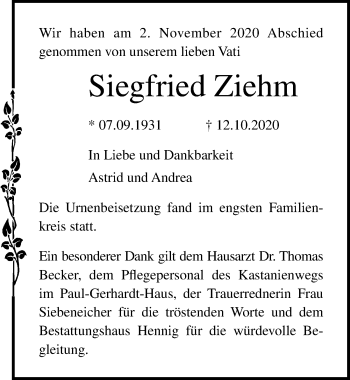 Traueranzeige von Siegfried Ziehm von Ostsee-Zeitung GmbH