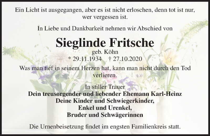  Traueranzeige für Sieglinde Fritsche vom 07.11.2020 aus Ostsee-Zeitung GmbH