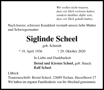 Traueranzeige von Siglinde Scheel von Lübecker Nachrichten
