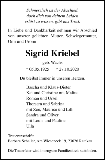 Traueranzeige von Sigrid Kriebel von Lübecker Nachrichten