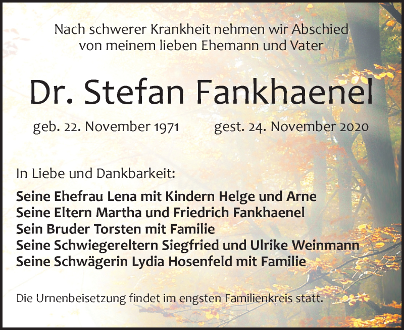  Traueranzeige für Stefan Fankhaenel vom 28.11.2020 aus Leipziger Volkszeitung