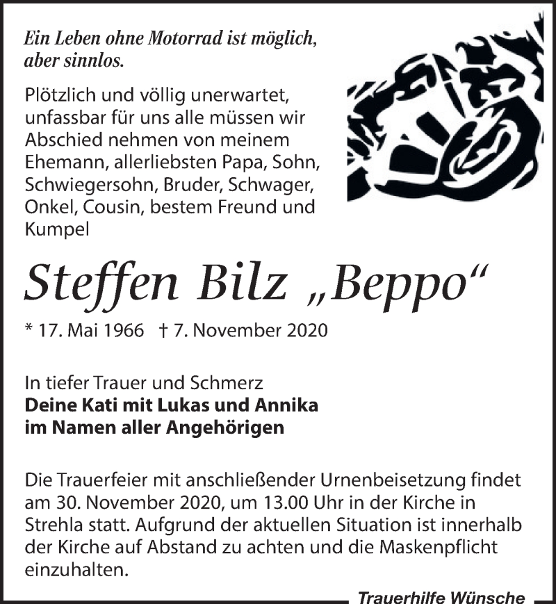  Traueranzeige für Steffen Bilz vom 21.11.2020 aus Leipziger Volkszeitung