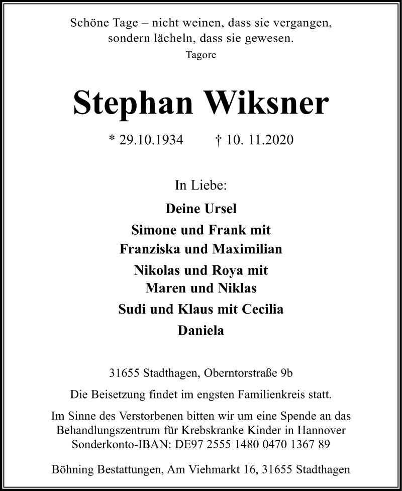  Traueranzeige für Stephan Wiksner vom 14.11.2020 aus Schaumburger Nachrichten