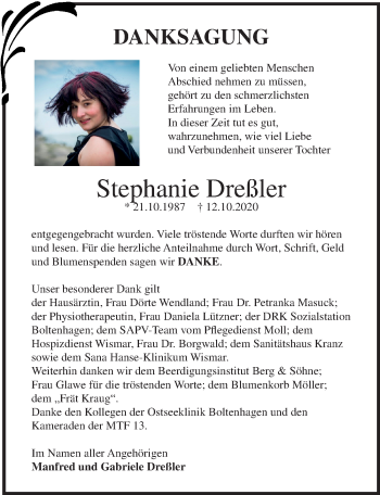 Traueranzeige von Stephanie Dreßler von Ostsee-Zeitung GmbH