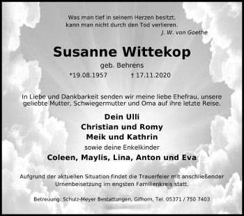 Traueranzeige von Susanne Wittekop von Aller Zeitung