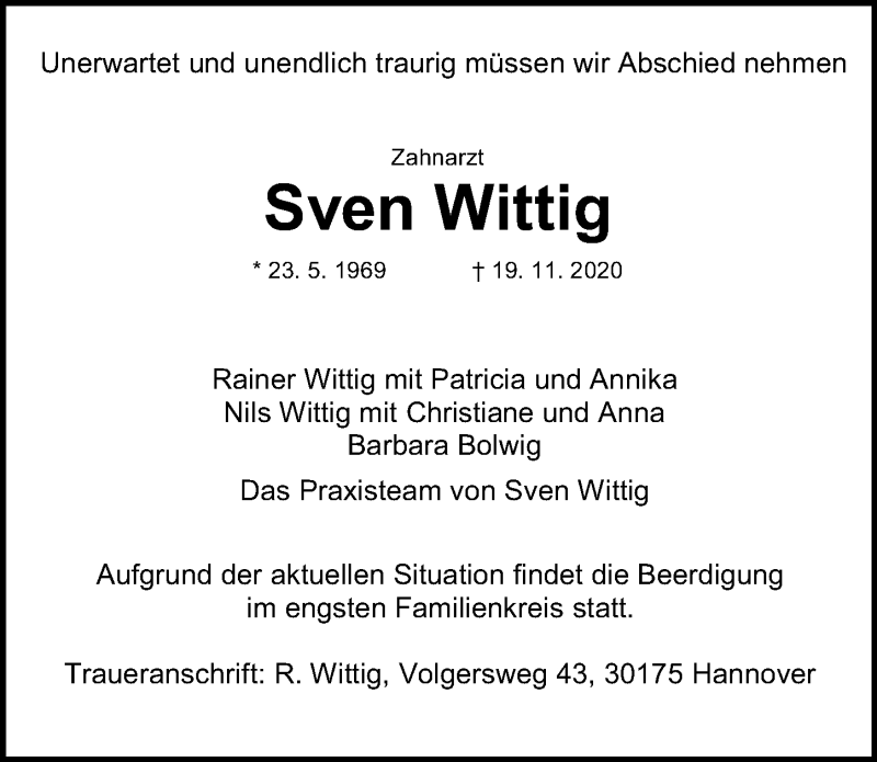  Traueranzeige für Sven Wittig vom 28.11.2020 aus Hannoversche Allgemeine Zeitung/Neue Presse