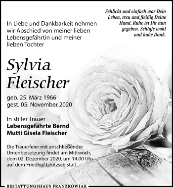 Traueranzeige von Sylvia Fleischer von Leipziger Volkszeitung