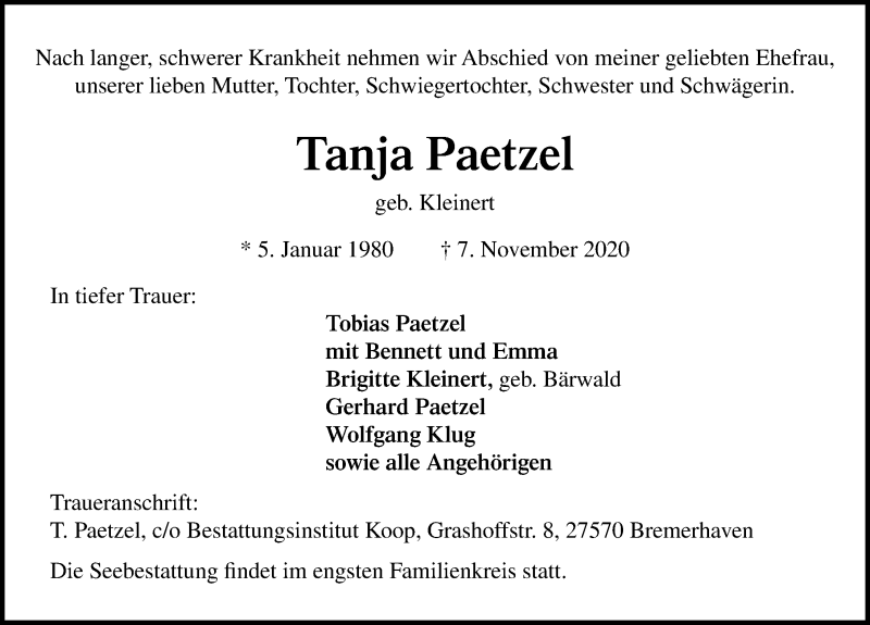  Traueranzeige für Tanja Paetzel vom 21.11.2020 aus Lübecker Nachrichten