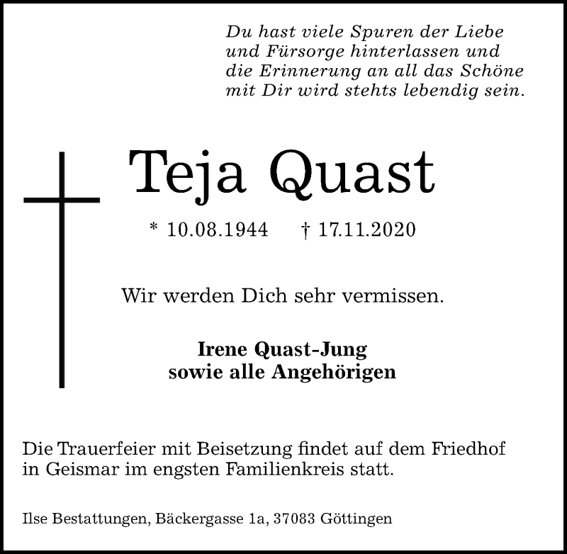 Traueranzeige für Teja Quast vom 28.11.2020 aus Göttinger Tageblatt