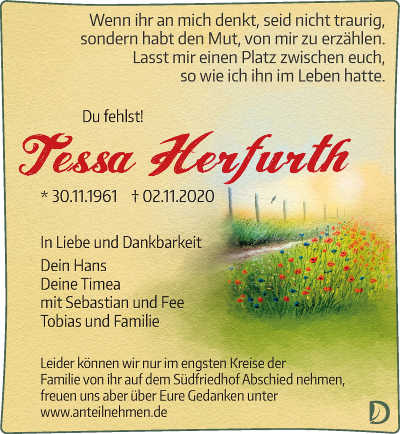  Traueranzeige für Tessa Herfurth vom 21.11.2020 aus Leipziger Volkszeitung