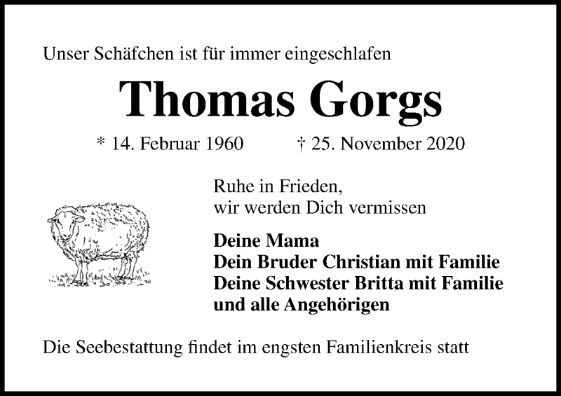  Traueranzeige für Thomas Gorgs vom 29.11.2020 aus Lübecker Nachrichten