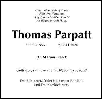 Traueranzeige von Thomas Parpatt von Göttinger Tageblatt