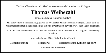 Traueranzeige von Thomas Weibezahl von Märkischen Allgemeine Zeitung