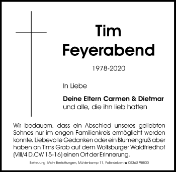 Traueranzeige von Tim Feyerabend von Aller Zeitung