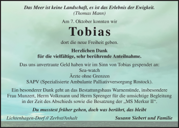 Traueranzeige von Tobias  von Ostsee-Zeitung GmbH