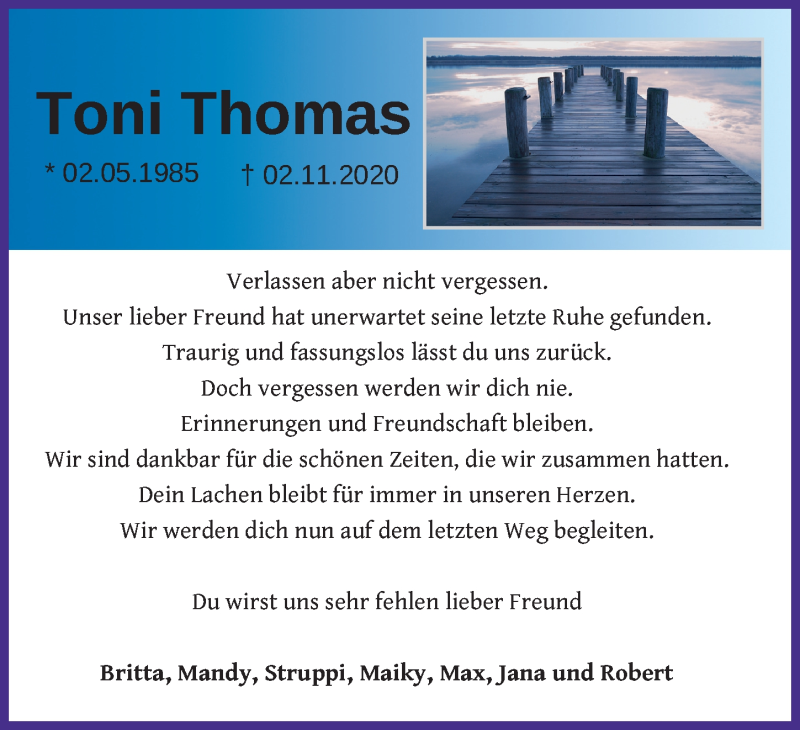 Traueranzeige für Toni Thomas vom 10.11.2020 aus Ostsee-Zeitung GmbH