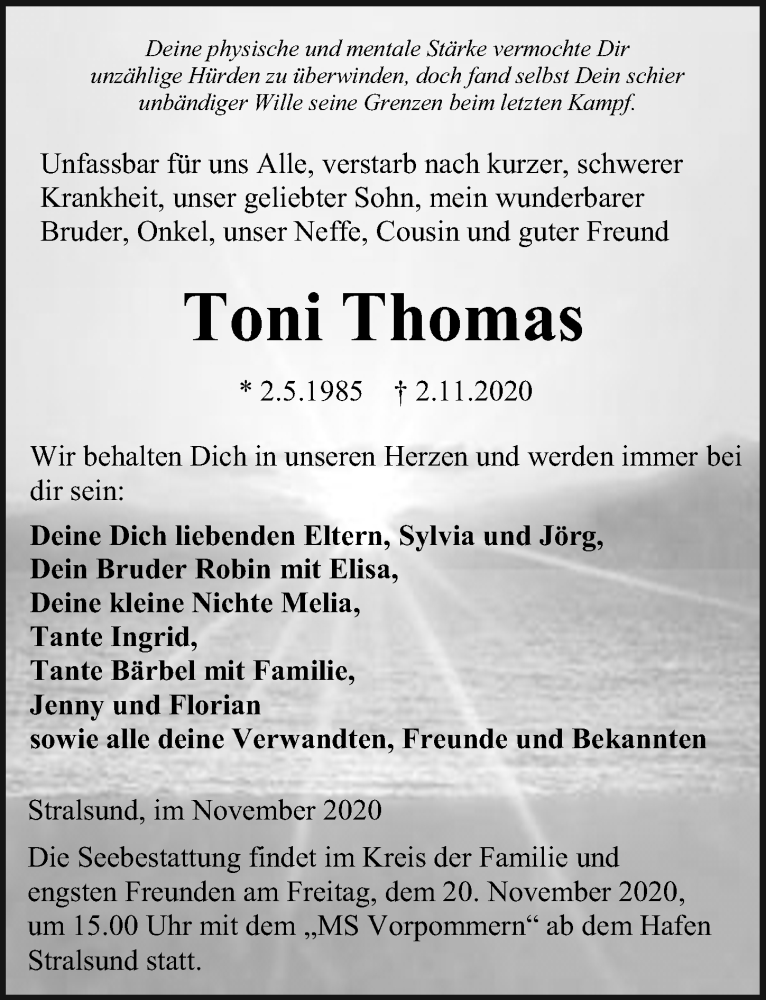  Traueranzeige für Toni Thomas vom 07.11.2020 aus Ostsee-Zeitung GmbH