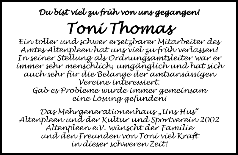  Traueranzeige für Toni Thomas vom 14.11.2020 aus Ostsee-Zeitung GmbH