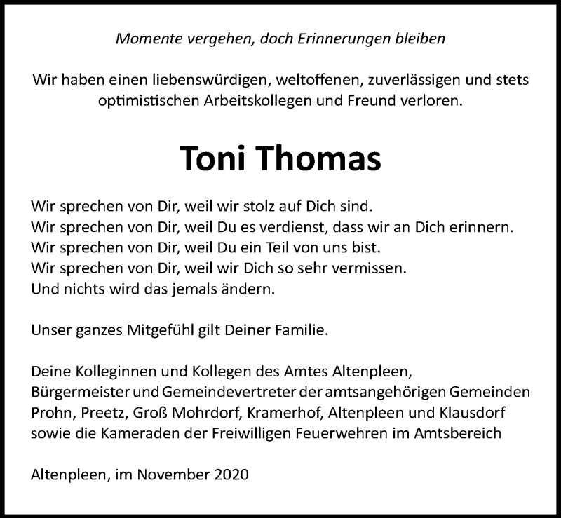  Traueranzeige für Toni Thomas vom 07.11.2020 aus Ostsee-Zeitung GmbH