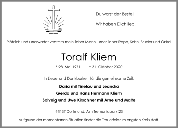 Traueranzeige von Toralf Kliem von Leipziger Volkszeitung