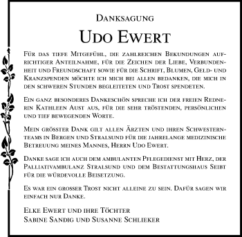 Traueranzeige von Udo Ewert von Ostsee-Zeitung GmbH