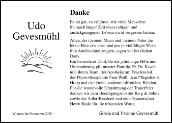 Traueranzeige von Udo Gevesmühl von Ostsee-Zeitung GmbH