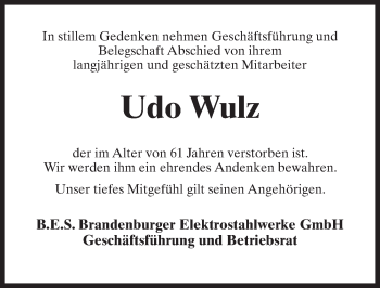 Traueranzeige von Udo Wulz von Märkischen Allgemeine Zeitung