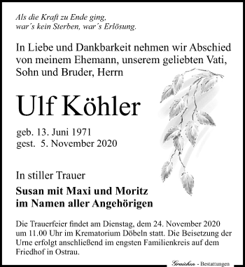 Traueranzeige von Ulf Köhler von Leipziger Volkszeitung