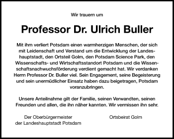 Traueranzeige von Ulrich Buller von Märkischen Allgemeine Zeitung