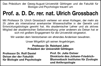 Traueranzeige von Ulrich Grossbach von Göttinger Tageblatt