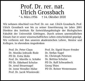 Traueranzeige von Ulrich Grossbach von Göttinger Tageblatt