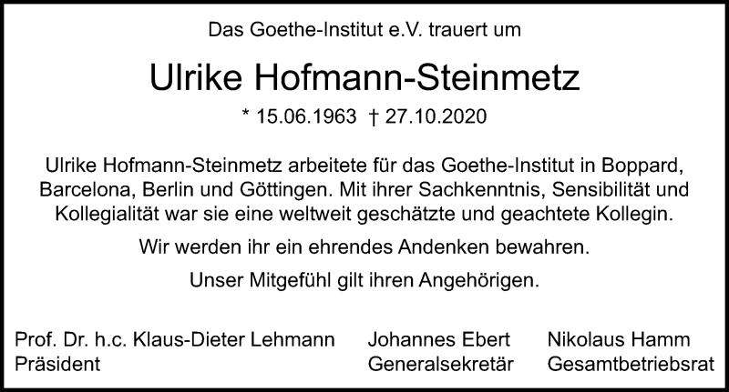  Traueranzeige für Ulrike Hofmann-Steinmetz vom 02.11.2020 aus Göttinger Tageblatt