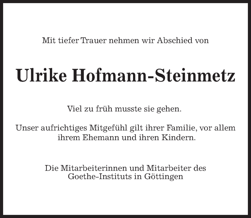  Traueranzeige für Ulrike Hofmann-Steinmetz vom 04.11.2020 aus Göttinger Tageblatt