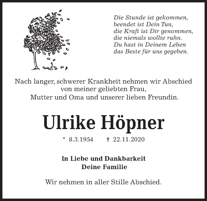  Traueranzeige für Ulrike Höpner vom 28.11.2020 aus Kieler Nachrichten