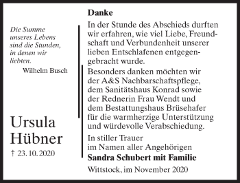 Traueranzeige von Ursula Hübner von Märkischen Allgemeine Zeitung