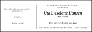 Traueranzeige von Uta Lieselotte Hansen von Kieler Nachrichten