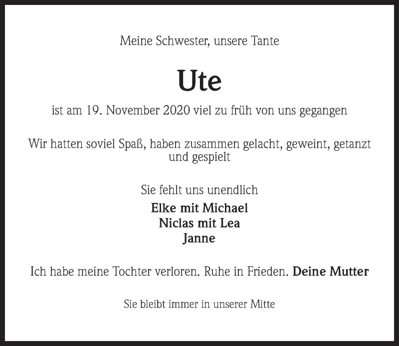  Traueranzeige für Ute Kruse-Mundt vom 25.11.2020 aus Hannoversche Allgemeine Zeitung/Neue Presse