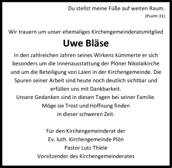 Traueranzeige von Uwe Bläse von Kieler Nachrichten