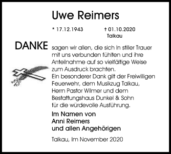 Traueranzeige von Uwe Reimers von Lübecker Nachrichten