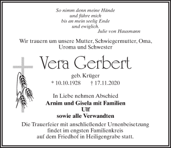Traueranzeige von Vera Gerbert von Märkischen Allgemeine Zeitung