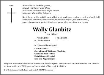 Traueranzeige von Wally Glaubitz von Hannoversche Allgemeine Zeitung/Neue Presse