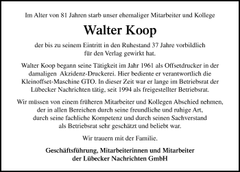 Traueranzeige von Walter Koop von Lübecker Nachrichten